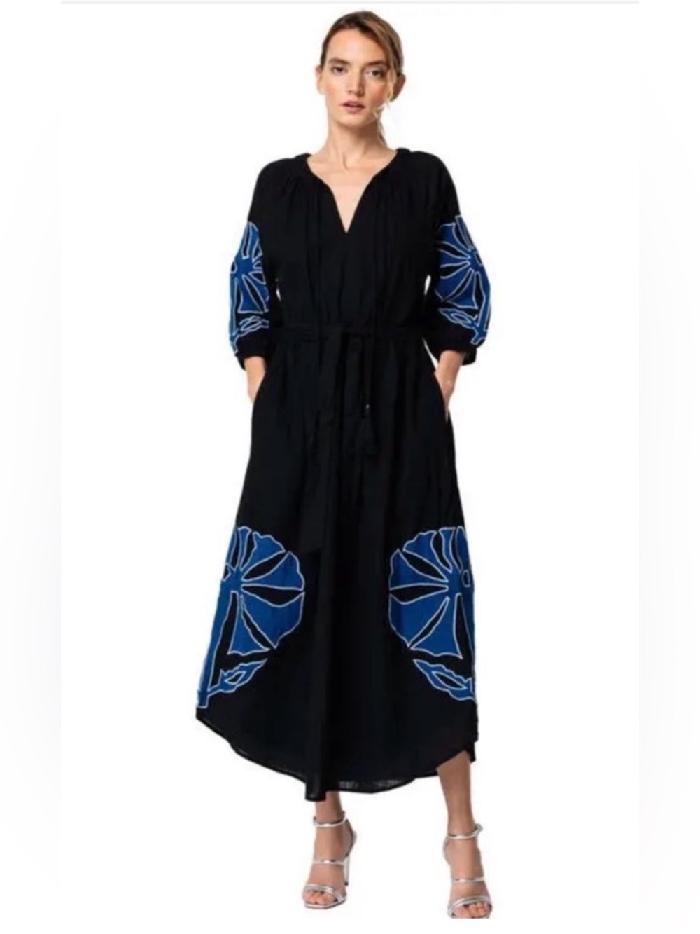 NWT Ciebon Tiana black blue embroidered midi dress sz large